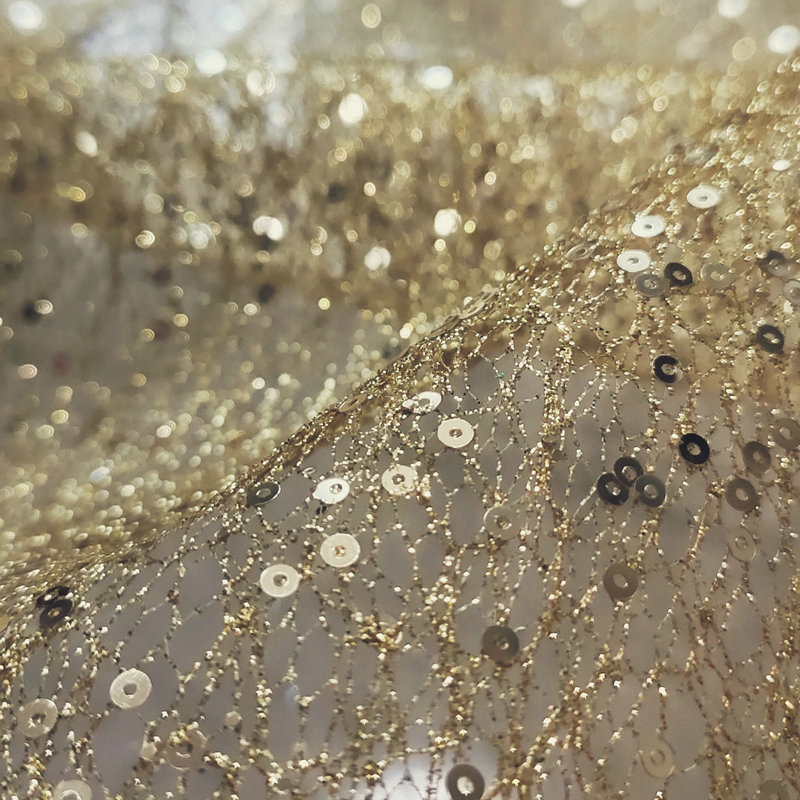 Crystal Mesh Fabric - Sert File Beyaz Altın Pullu İşlemeli